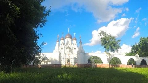 White stone temple in park in summer timelapse Stock Footage 78015830
