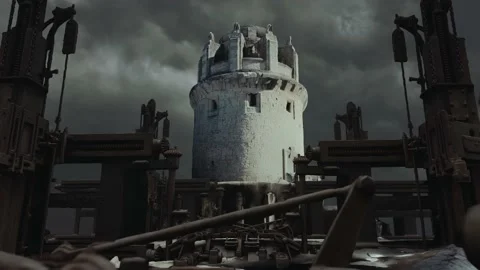 White stone tower with stormy clouds in the background and lighting flashes with Stock Footage 139402126