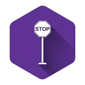 White Stop icon isolated with long shadow. Traffic regulatory warning stop Illustrazione stock