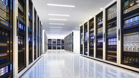 White storage and processing unit, large AI processing server room, data ce.. Stock Illustration