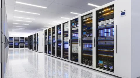 White storage and processing unit, large AI processing server room, data ce.. Stock Illustration