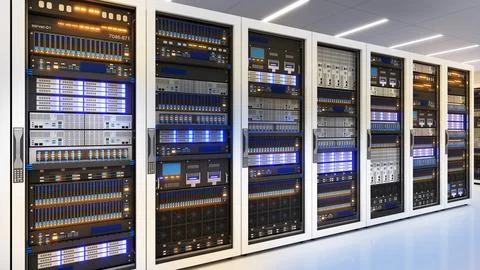 White storage and processing unit, large AI processing server room, data ce.. Stock Illustration