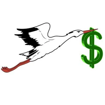 White stork with in flight the dollar in its beak. Ilustración de archivo