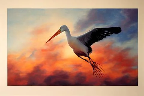 White stork flying in the sky on background of the sun. Beautiful wild bird. Stock Illustration