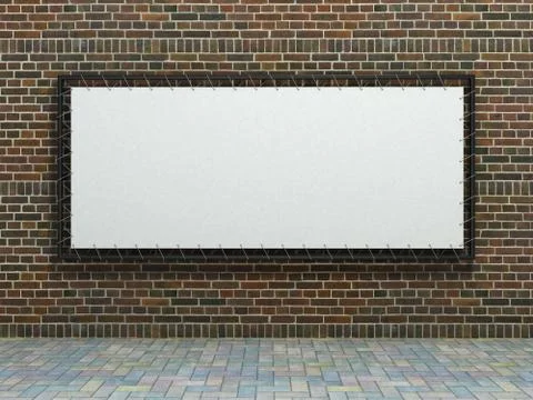 White stretch banner on brick wall background Stock Illustration