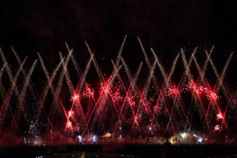 White strings and red circles of firework in Saint Petersburg ,Russia Stock Photos