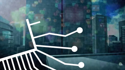 White stroke appearing, lines fanning over city, converging on AI and forming Stock Footage 334881797