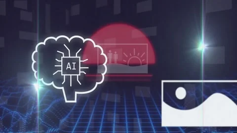White stroke drawing brain icon, revealing AI microchip, cycling icons over neon Stock Footage 331756446