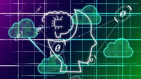 White stroke drawing neon head, clouds and coins drifting and linking, Stock Footage 334788389