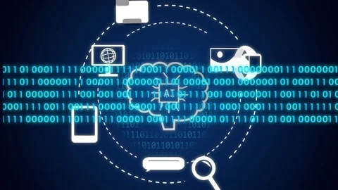 White stroke extending, brain forming, AI chip appearing, binary data, icons Stock Footage 334337759
