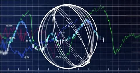 White strokes forming orb wireframe, rotating over candlesticks as market data Ilustração Stock