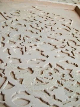 White stucco islamic pattern decoration in chehel sotoun (sotoon) palace in i Stock Photos