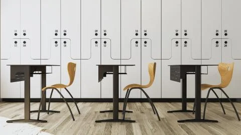 White student locker in modern empty classroom with wooden chair and desk con Stock Illustration