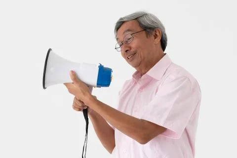 White studio portrait of senior asia retired elderly man shout loud announce Stock Photos