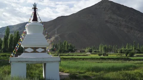 White stupa with buddhist Prayer flags against a mountain in Ladakh Video stock 309330608