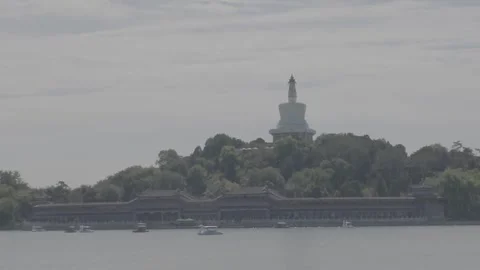 White Stupa Pagoda on Islet Overlooking Lake in Beijing Park Stock Footage 345470596