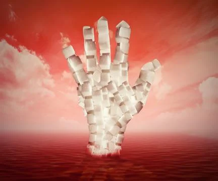 White sugar cubes shaped as human hand floating in blood Illustrazione stock