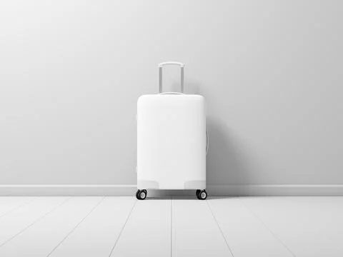 White Suitcase mockup in white interior, 3d rendering Illustrazione stock