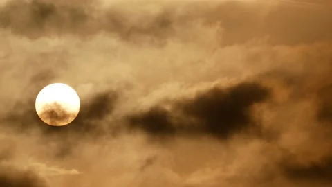 White sun, dark clouds - sunrise, sky background - Real Time - flying birds Stock Footage 152563219