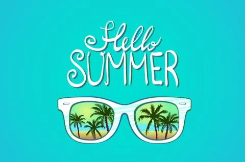 White Sunglasses reflection sunset at palm tree landscape scene in light bl.. Stock Illustration
