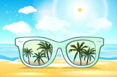 White Sunglasses reflection sunset at palm tree landscape scene in light bl.. Stock Illustration