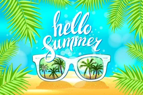 White Sunglasses reflection sunset at palm tree landscape scene in light bl.. Stock Illustration