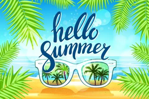 White Sunglasses reflection sunset at palm tree landscape scene in light bl.. Stock Illustration