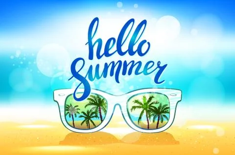 White Sunglasses reflection sunset at palm tree landscape scene in light bl.. Stock Illustration