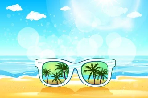White Sunglasses reflection sunset at palm tree landscape scene in light bl.. Stock Illustration