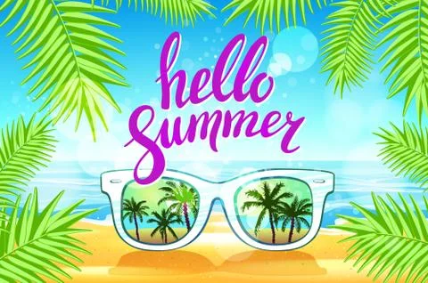 White Sunglasses reflection sunset at palm tree landscape scene in light bl.. Stock Illustration