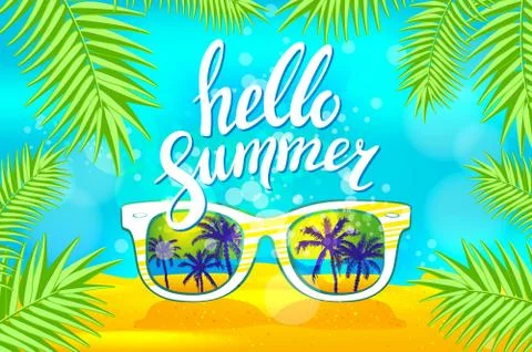 White Sunglasses reflection sunset at palm tree landscape scene in light bl.. Stock Illustration