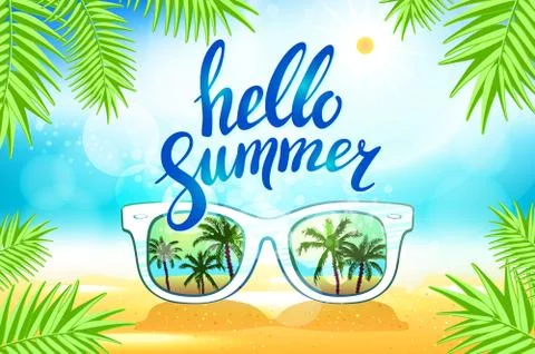 White Sunglasses reflection sunset at palm tree landscape scene in light bl.. Stock Illustration
