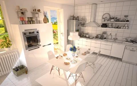 White Sunny Kitchen Half Wireframe with Flower - 4k Ultra HD Stock Photos