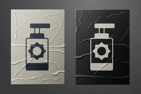 White Sunscreen spray bottle icon isolated on crumpled paper background Stock Illustration