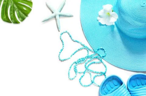 White surface with beach items, top view Stock Photos