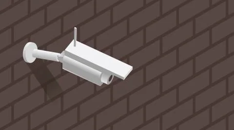 White surveillance camera on the brick wall isometric vector illustration. Stock Illustration