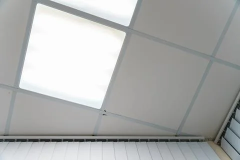 White suspended ceiling with square fluorescent lights in an office space. De Stock Photos
