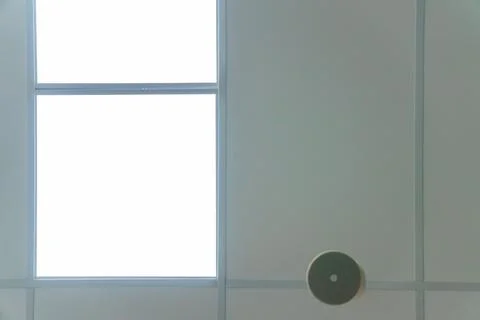 White suspended ceiling with square fluorescent lights in an office space. De Stock Photos