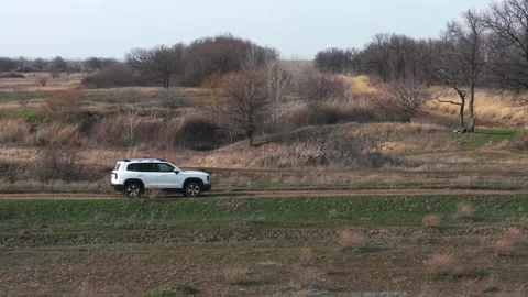 White SUV Conquering Rugged Terrain Through Forest and Steppe Landscapes  Stock Footage 305278002