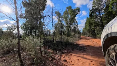 White SUV Driving on Red Dirt Road in The Pilliga Stock Footage 345024546