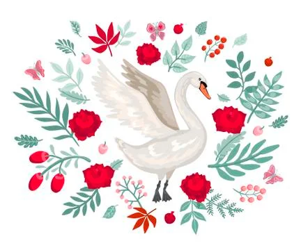 White swan with open wings. Vector cartoon illustration Stock Illustration