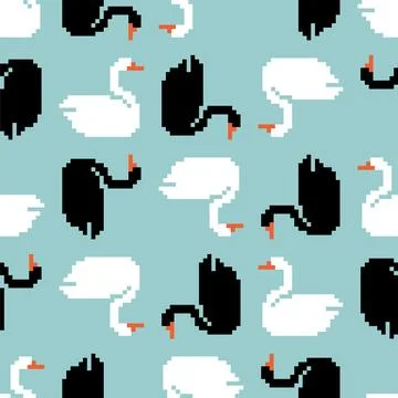 White swan pixel art pattern seamless. 8 bit pixelated texture Stock Illustration