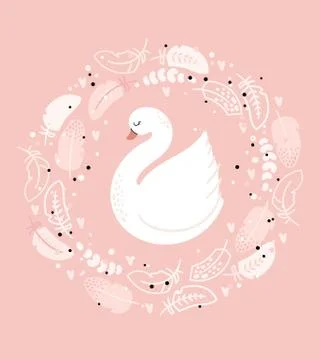 White Swan in a round feather frame Stock Illustration