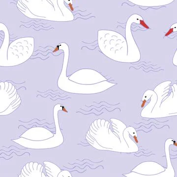 White swans illustration seamless pattern on purple background Stock Illustration