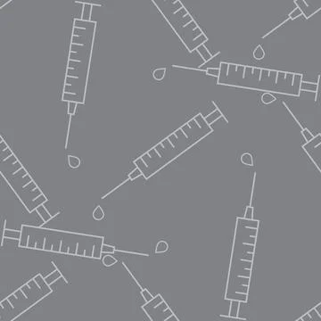 White Syringe icon seamless pattern on dark background. Syringe for vaccine or Stock Illustration