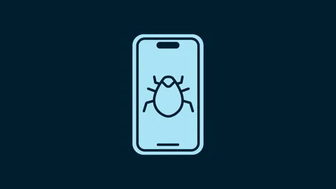White System bug on mobile icon isolated on blue background. Code bug concept Stock Footage 230032065