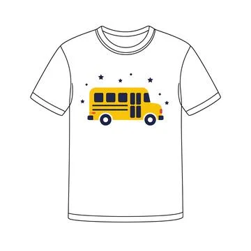 White t shirt featuring yellow school bus graphic print education transportat Stock Illustration