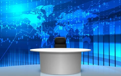 White table and chairs with lcds background in the news studio room Stock Illustration