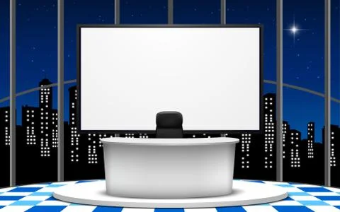 White table and lcd tv in the news studio room Stock Illustration