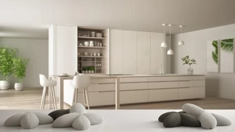 White table, desk or shelf with five soft white pillows in the shape of stars Stock Illustration